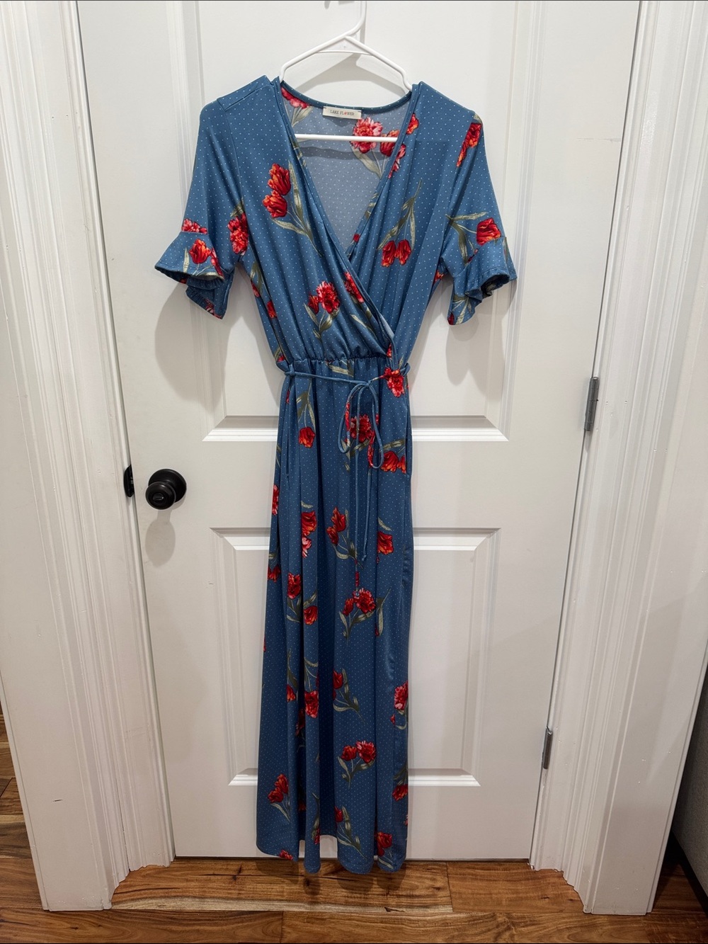 Blue Floral Wrap Maxi Dress with Tie Waist and Flutter Sleeves